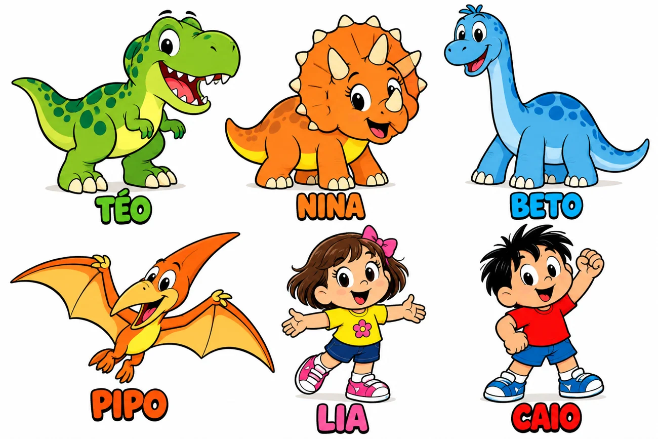 Ficha ilustrada de Téo, Nina, Beto, Pipo, Lia e Caio